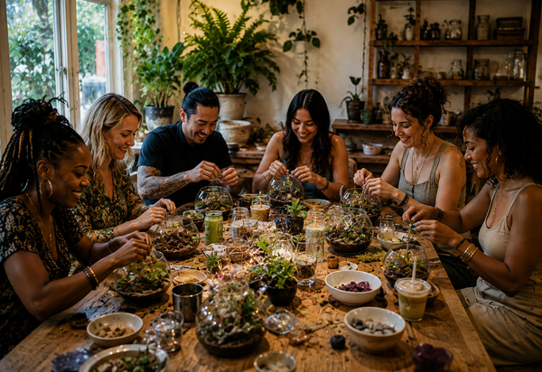 A group of six people gathered around a rustic wooden table in a cozy, plant-filled room, crafting small glass terrariums with soil, rocks, and greenery.