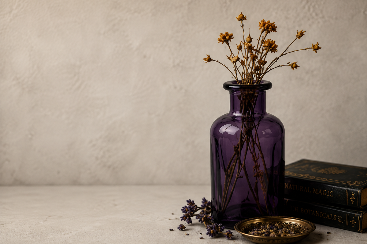 A purple glass apothecary-style vase filled with dried yellow flowers, styled on a light stone surface next to vintage books, lavender sprigs, and a small gold dish.