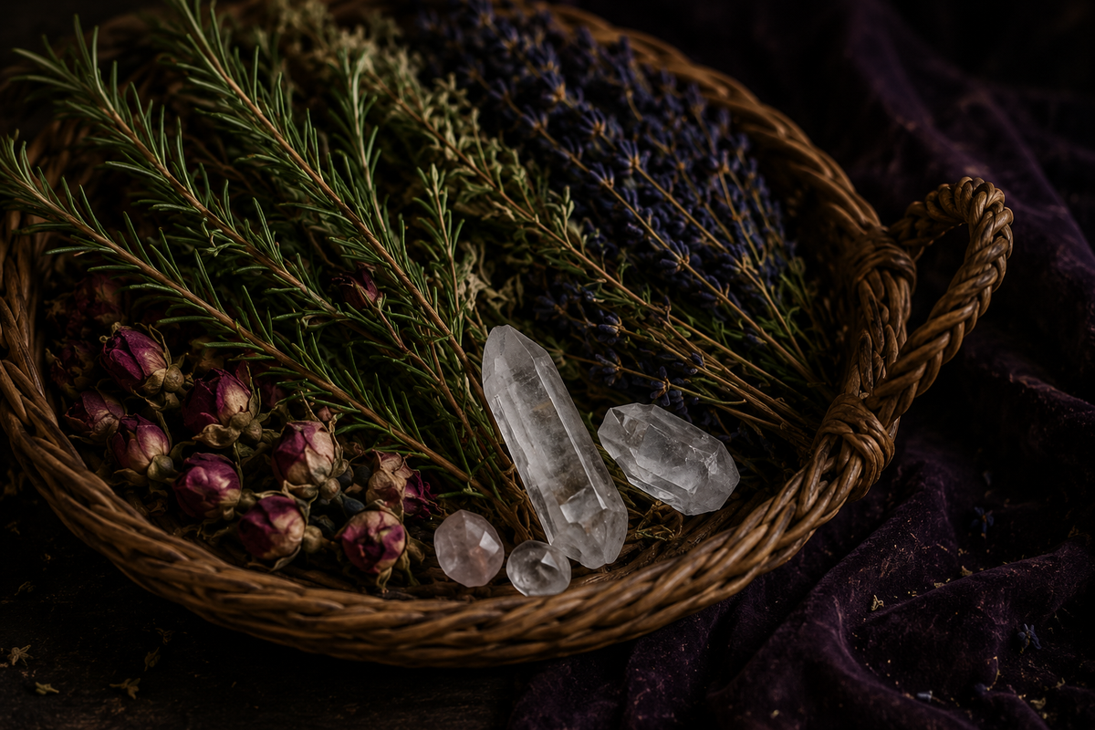 A woven basket filled with dried botanicals and crystals, including rosebuds, green sprigs, lavender, and clear quartz points, set against a dark draped fabric background.