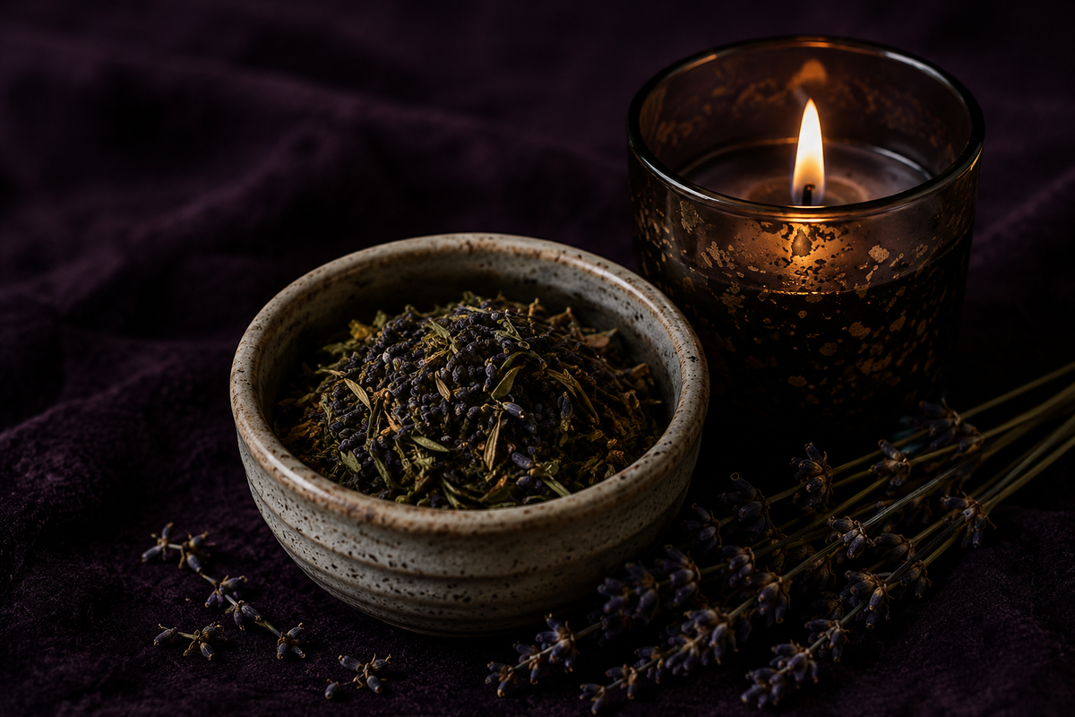 A ceramic bowl filled with dried lavender buds sits on a dark purple fabric surface next to a lit amber glass candle holder, with loose lavender sprigs scattered nearby.