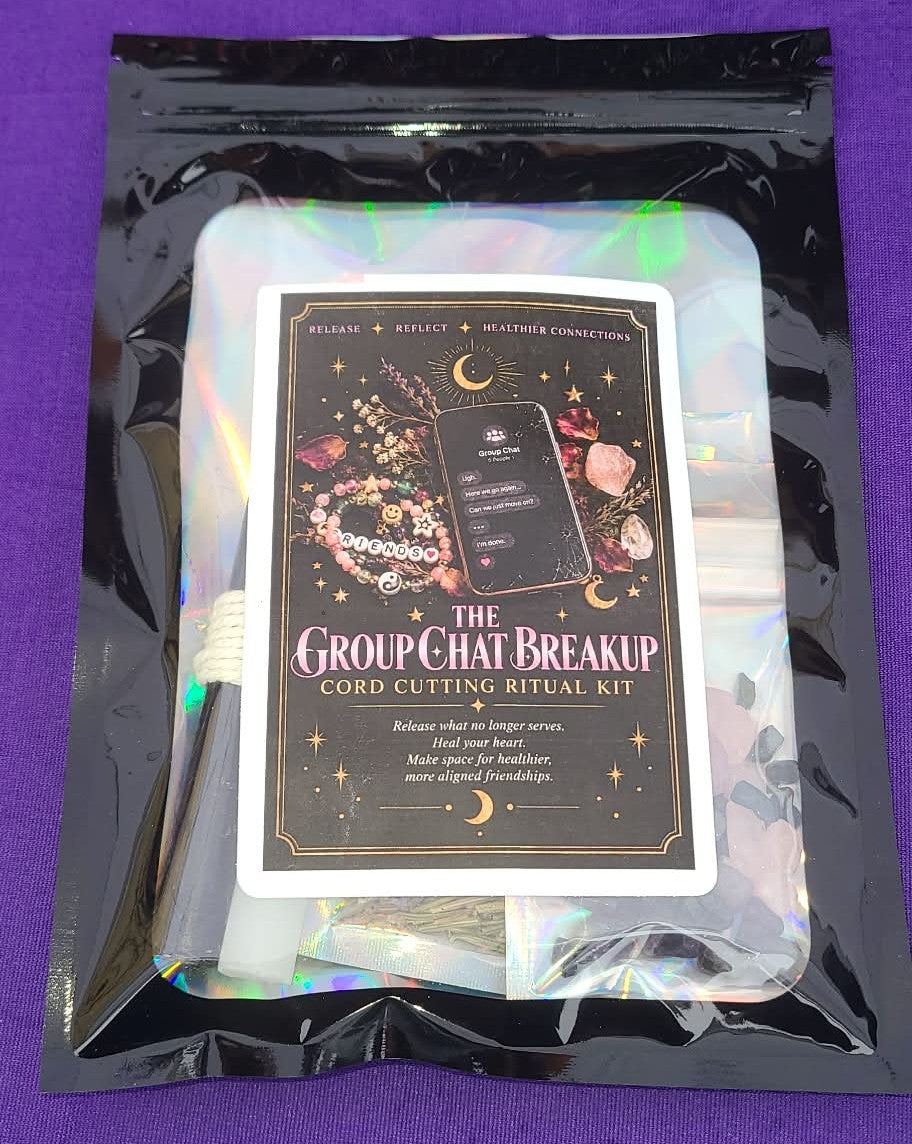 The Group Chat Breakup Cord Cutting Ritual Kit in a black resealable pouch with an iridescent holographic inner bag, shown on a purple background.