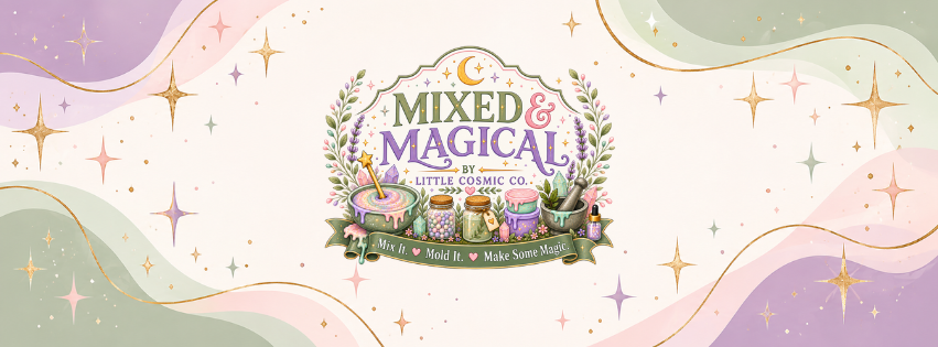 A decorative branded banner or cover graphic for 'Mixed & Magical' by Little Cosmic Co., featuring pastel wavy bands, gold stars, and an illustrated central crest with candles, flowers, and a crescent moon.