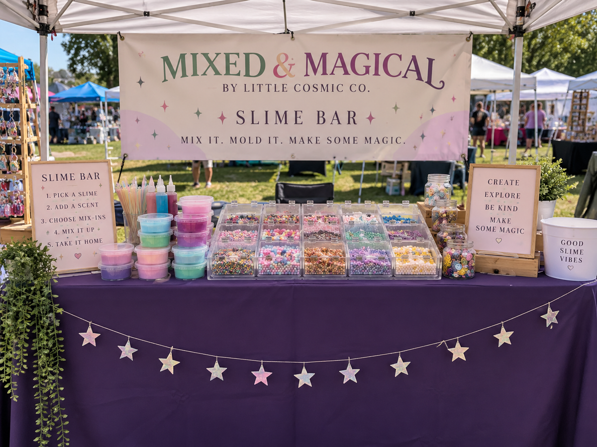 An outdoor market stall under a white canopy tent with a large banner reading 'Mixed & Magical by Little Cosmic Co. Slime Bar.