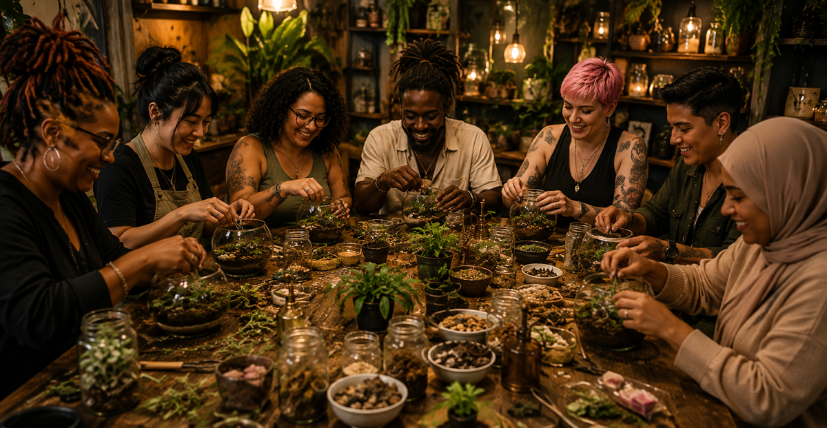 Diverse group of adults creating terrariums together around a table filled with plants, crystals and natural materials at an Enchanted & Planted workshop.