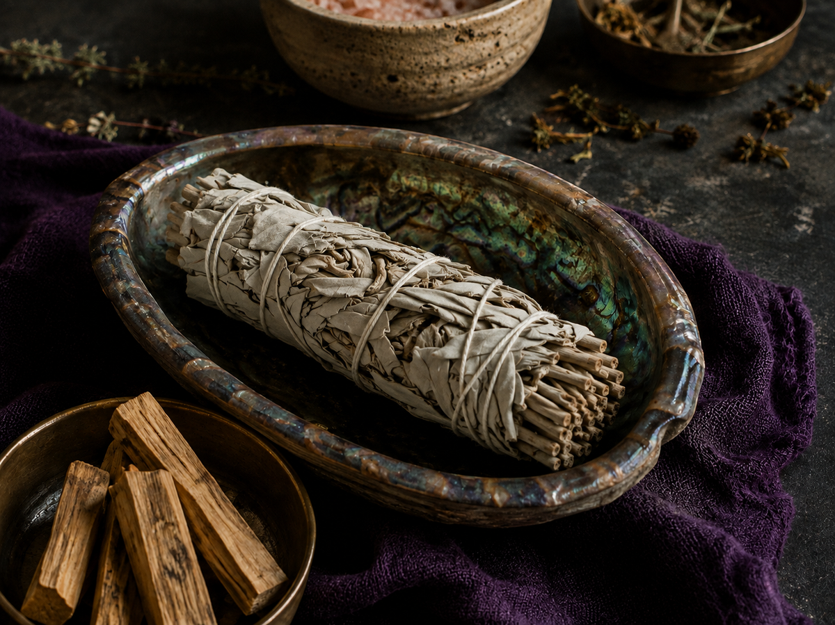 A sage smudge bundle wrapped in white string rests inside an oval ceramic dish with a blue-green glazed interior. The dish is placed on a dark surface with a purple cloth underneath, alongside a small bowl of wood chips and other dried botanicals in the background.