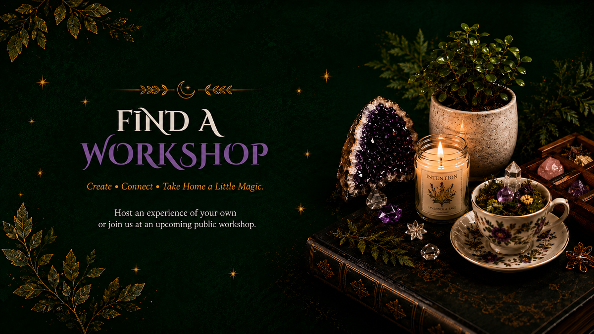 Promotional graphic for workshops with the text 'FIND A WORKSHOP' on a dark green background, surrounded by styled mystical props including a lit candle, amethyst geode, tea cup with flowers, and potted greenery.