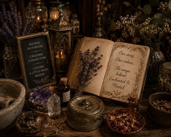 A styled tabletop scene with an open vintage-style book showing decorative text pages, surrounded by candles, glass jars, crystals, dried flowers, and small bottles in a moody, witch-like setting.