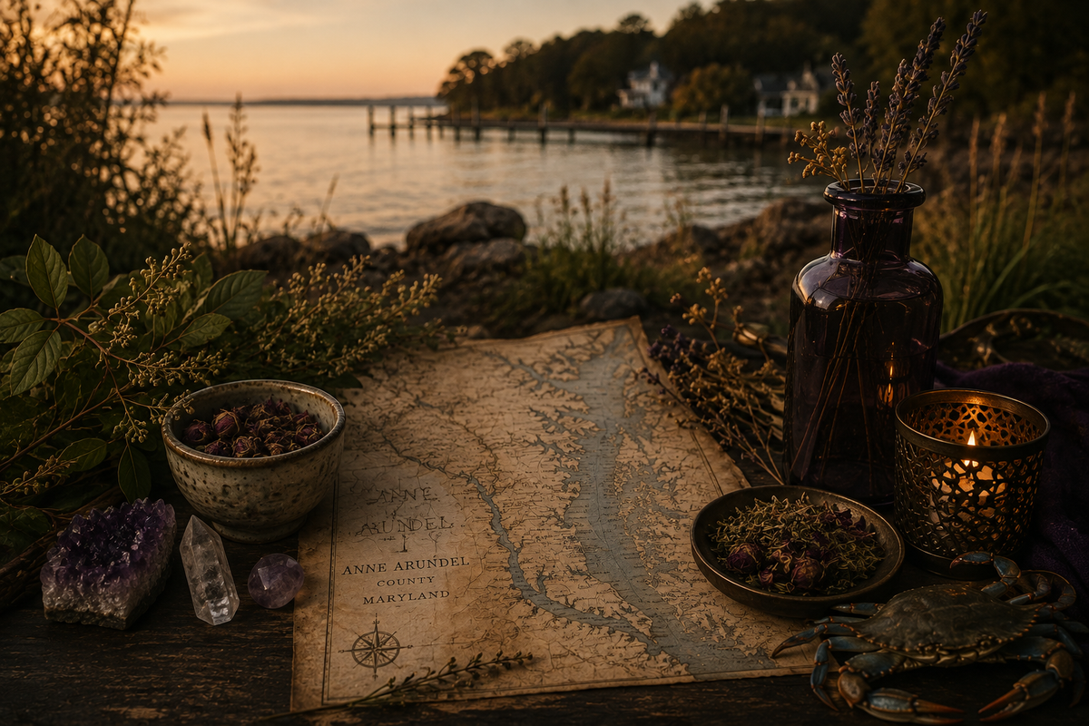 A styled tabletop scene by a lake at sunset with an aged map spread across the surface, surrounded by dried herbs in bowls, a dark glass bottle, a glowing candle holder, crystals, and a blue crab shell. No person or animal is present, but the real outdoor environment is visible, so this fits Lifestyle rather than Product/Packaging.