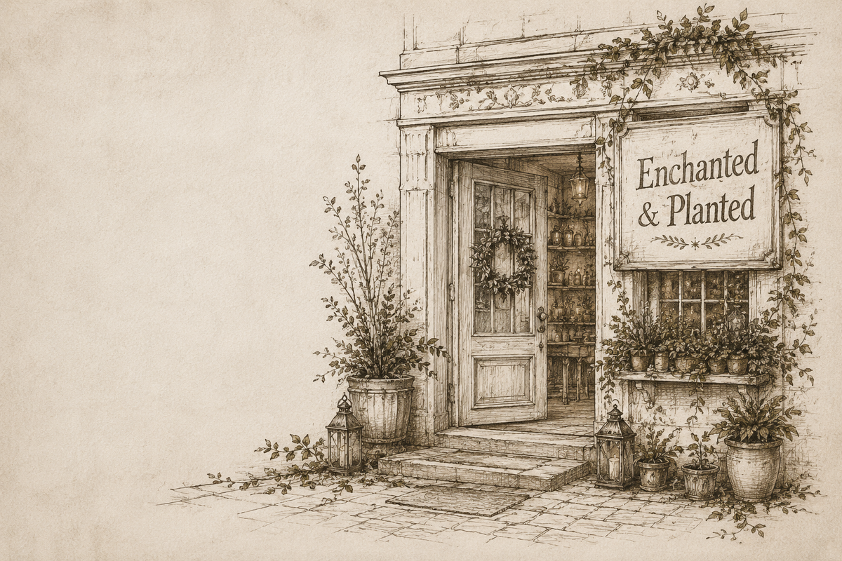 A sepia-toned sketch or illustration of a quaint storefront with an open door, wreath on the door, potted plants, lanterns, and a sign reading 'Enchanted & Planted.'.