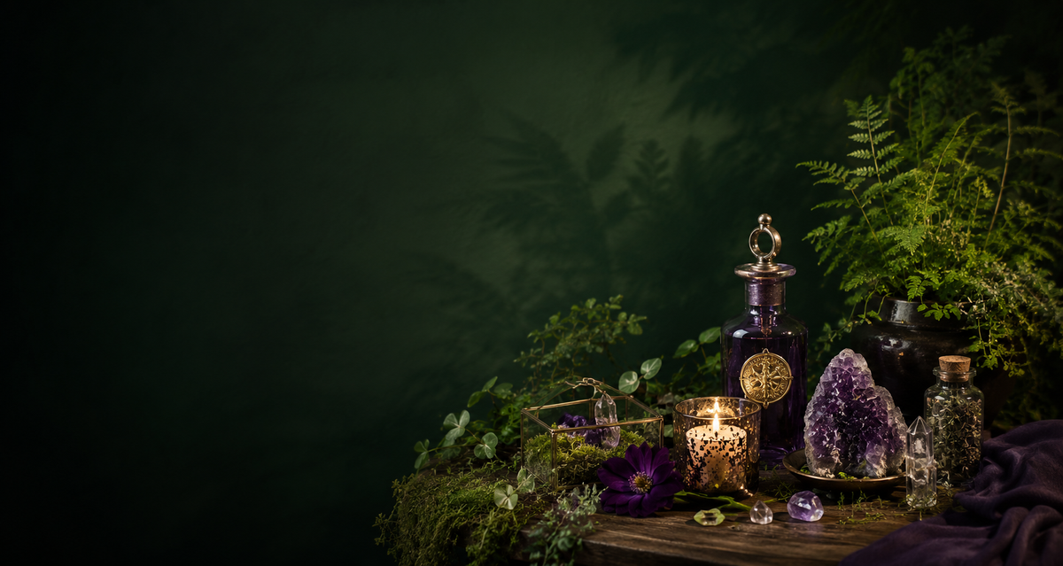 Dark botanical still life featuring an amethyst crystal cluster, purple glass bottle, glowing candle, small crystal terrarium, dried herbs, greenery, and purple flowers arranged on a rustic wooden surface against a deep forest-green background.