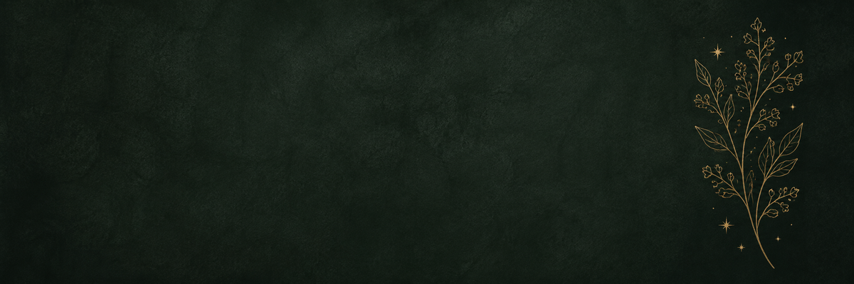 Dark textured background with a delicate gold botanical line drawing and small stars positioned along the right side.