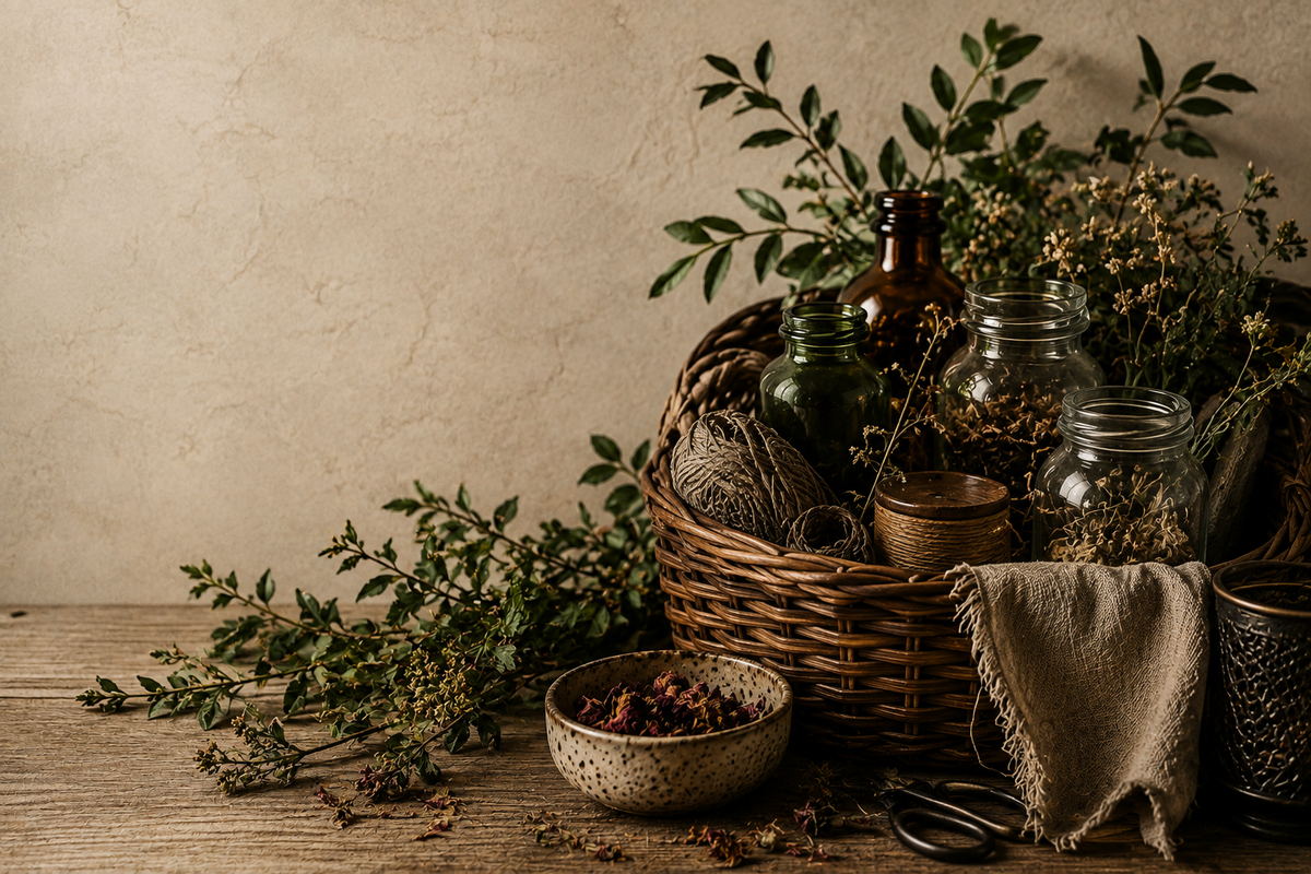 A rustic still life arrangement featuring a wicker basket filled with glass bottles, twine, dried herbs, and botanical sprigs, set on a wooden tabletop against a textured beige wall.