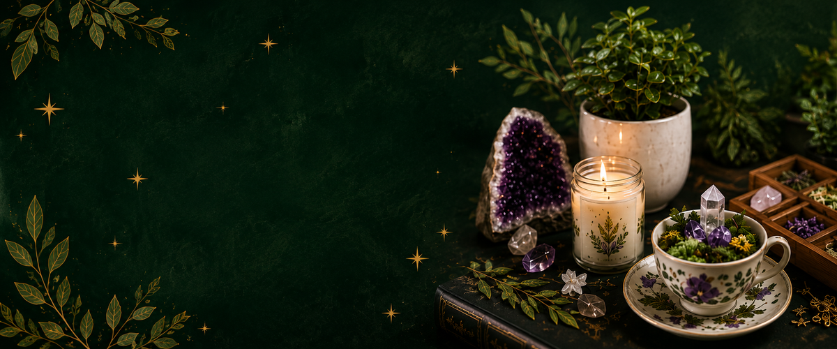 A styled flat-lay scene on a dark green background featuring a lit candle in a glass jar, a purple crystal geode, a small potted green plant in a white pot, a floral teacup and saucer with dried flowers, crystals, leaves, and a small wooden tray of compartments.