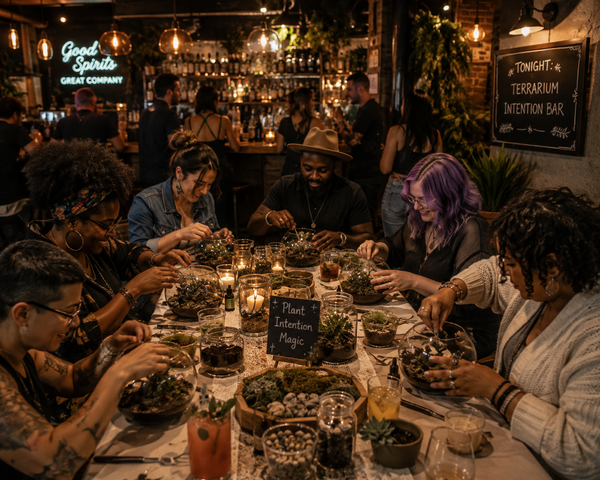 A group of friends gathered around a rustic dining table in a cozy, dimly lit bar, sharing food and drinks. The table is decorated with small potted succulents and candles, set against a warm, ambient background with a neon sign and bar shelves.