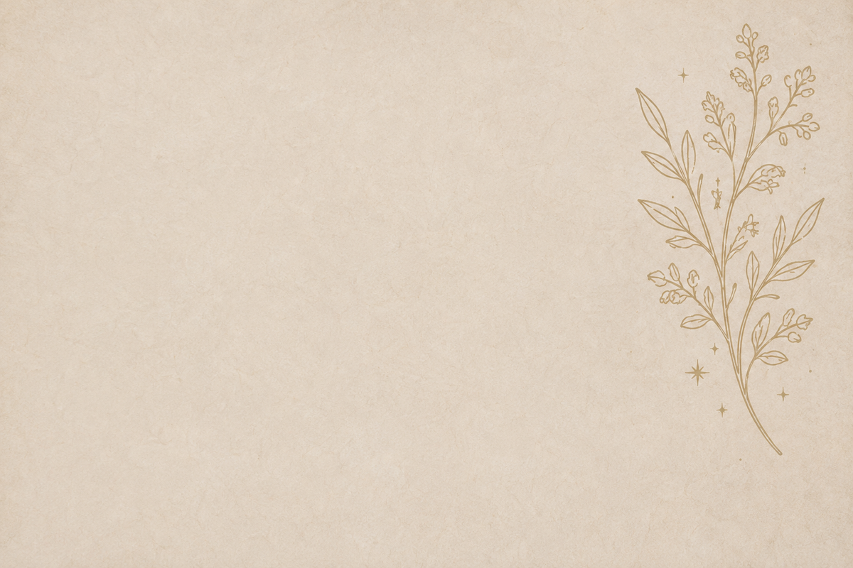 Beige textured paper background with a delicate gold botanical line drawing in the upper right corner.