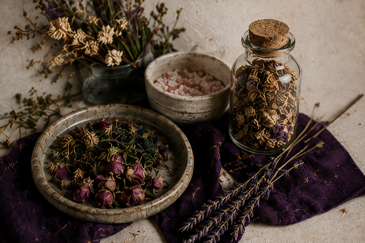 A styled flat-lay of dried botanicals and spa ingredients on a textured beige surface, featuring a ceramic bowl of dried roses, a glass bottle with a cork stopper containing dried flowers, a small bowl of pink salt, and lavender sprigs on a dark purple cloth.